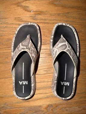 MIA Snake-Print Thong Sandals in Beige and Black